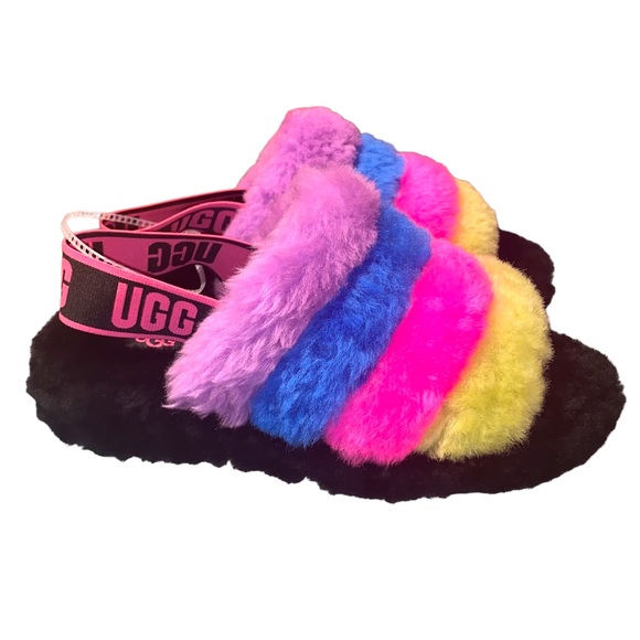 UGG® Logo Fluff Yeah Multicolor Fur Platform Slippers Size 7 - Picture 5 of 6